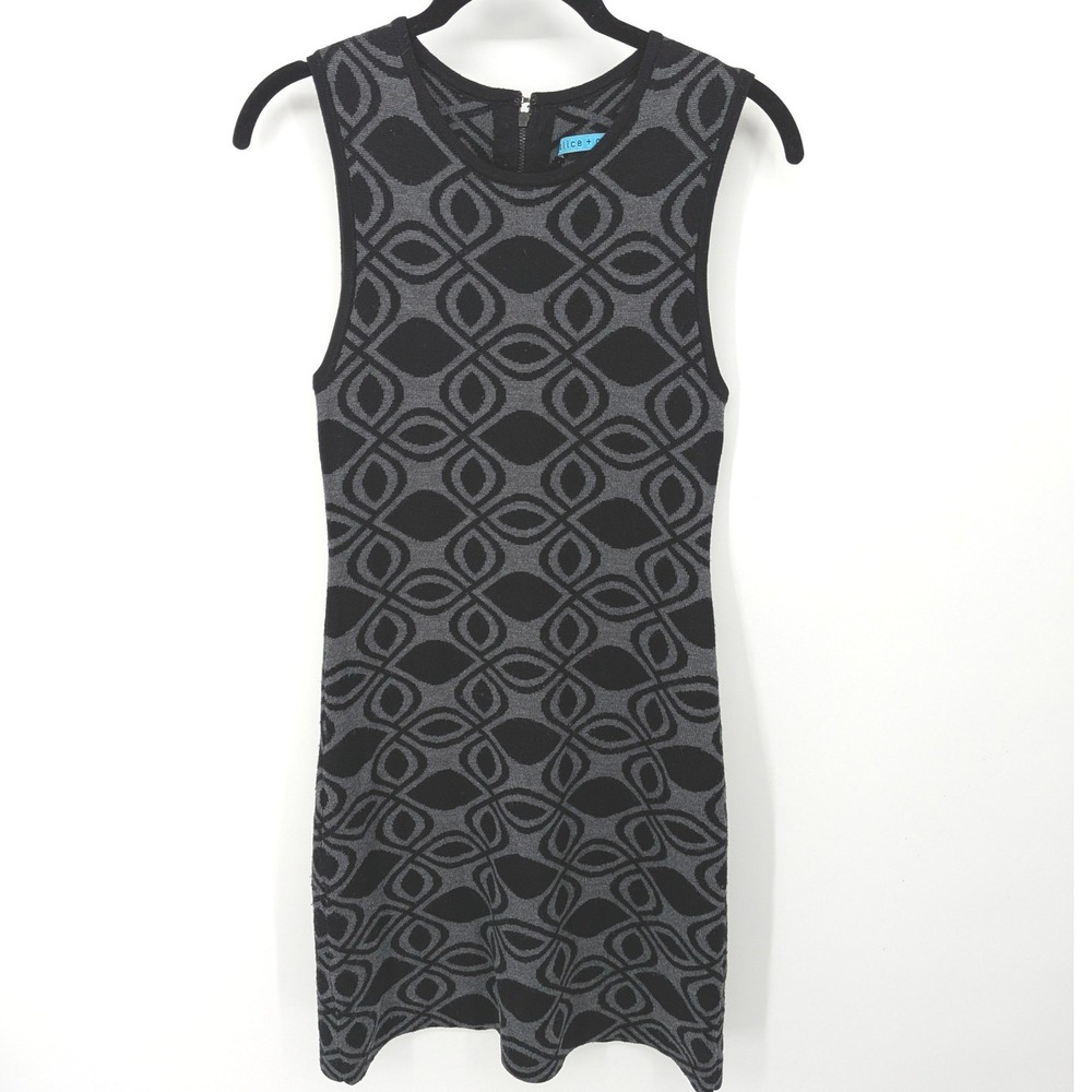 Alice + Olivia Merino Wool Dress Women Small Black Gray Geometric Sleeveless - Picture 1 of 7